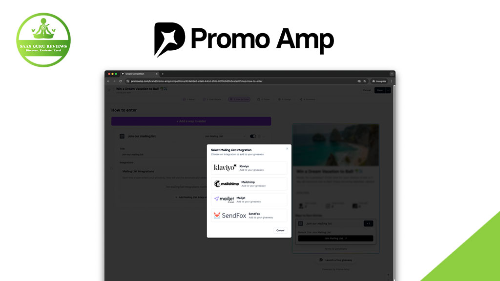 A computer screen displays a Promo Amp integration setup window, showing options for connecting services like Klaviyo, Mailchimp, Mailjet, and SendFox to help grow your business with viral giveaways.