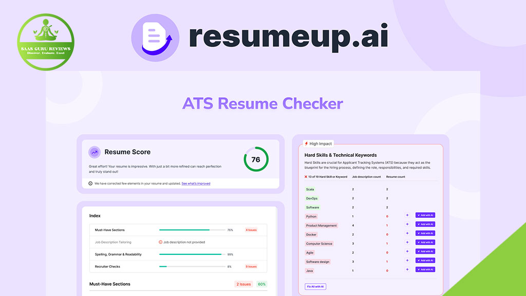 Screenshot of the ResumeUp.AI website showing an ATS Resume Checker with a resume score of 76, as well as lists of skills, keywords, and section indexes to help you create the perfect resume.