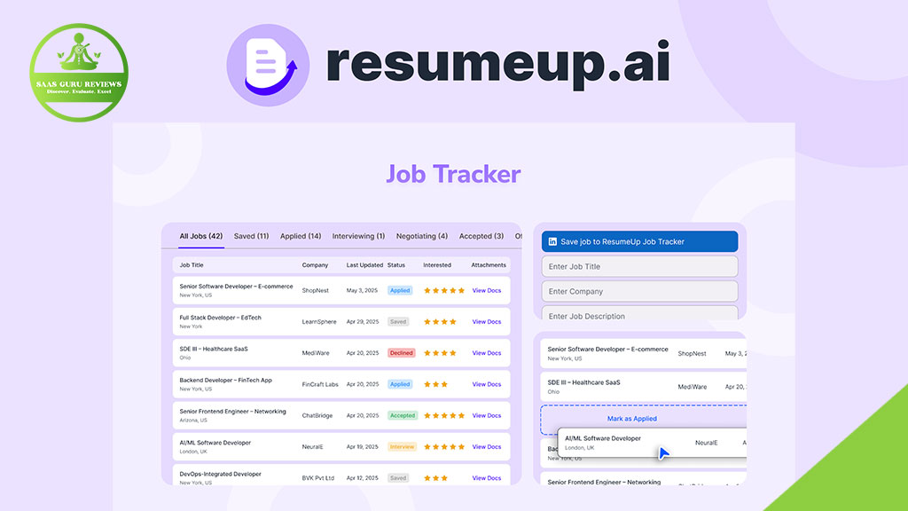 Screenshot of the ResumeUp.AI website showing a job tracker interface with job listings, ratings, and fields to enter job details. The SaaS Guru Reviews logo appears in the top left corner of this AI Resume Builder platform.
