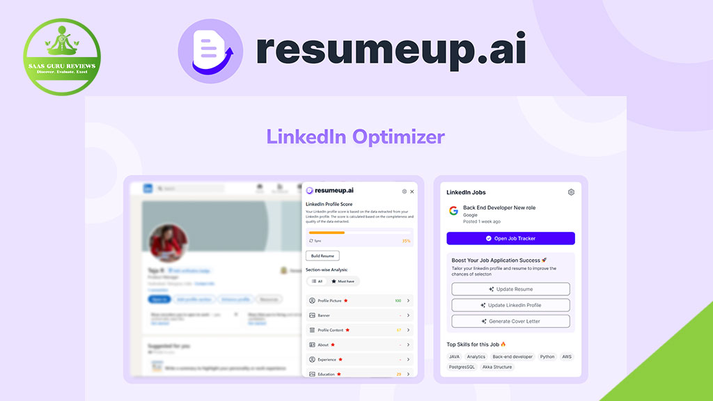 Screenshot of resumeup.ai's LinkedIn Optimizer tool interface, showcasing profile analysis and job application tracking features for crafting your Perfect Resume with an advanced AI Resume Builder.