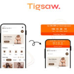 A mobile app interface displays a clothing collection; a countdown timer and promo code are shown atop the second screen under the brand name "Tigsaw," highlighting seamless web design and customizable website widgets for enhanced user engagement.
