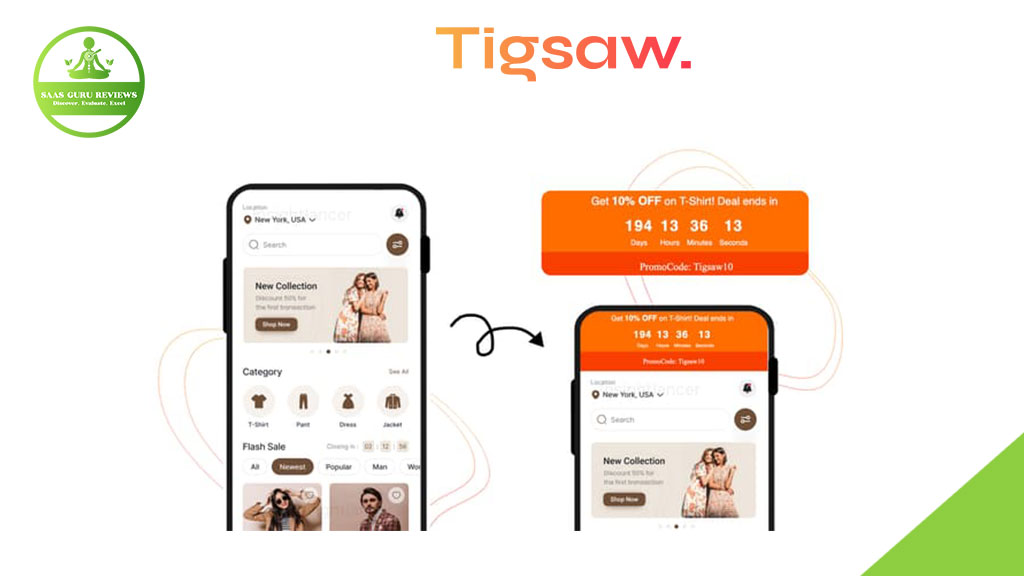 A mobile app interface displays a clothing collection; a countdown timer and promo code are shown atop the second screen under the brand name "Tigsaw," highlighting seamless web design and customizable website widgets for enhanced user engagement.
