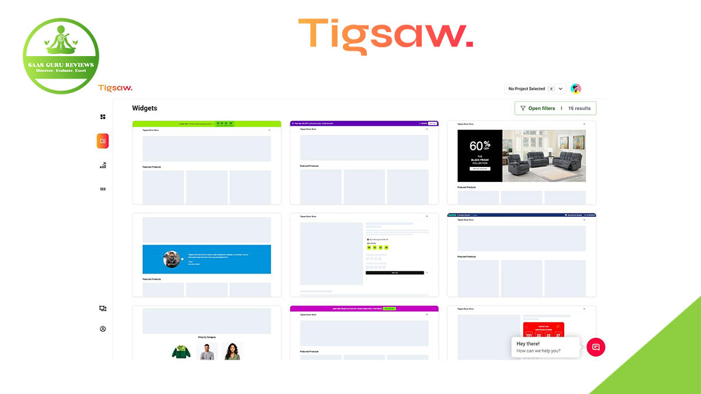 Screenshot of the Tigsaw dashboard displaying various customizable website widgets; SaaS Guru Reviews badge and Tigsaw logo appear at the top of the image.