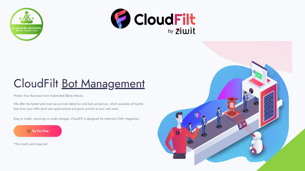 CloudFilt Bot Management webpage featuring a robotic assembly line, a person operating controls, and a promotional offer for a free trial.