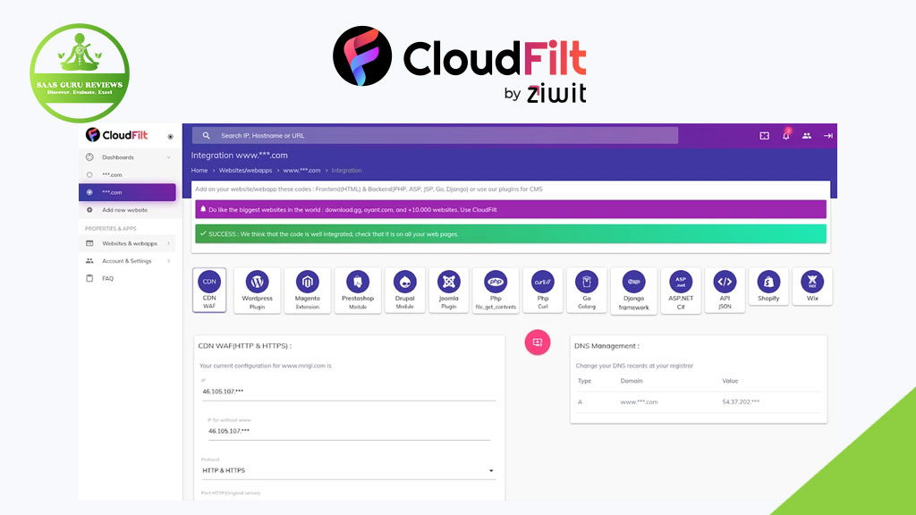 Screenshot of the CloudFilt dashboard by Ziwit, showing website integration steps, DNS management, and various security modules; SaaS Guru Reviews logo in the top left corner.