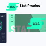A promotional graphic for Stat Proxies featuring the company logo, tagline "FAST. DEDICATED. RELIABLE.," and a dashboard showing network request statistics.