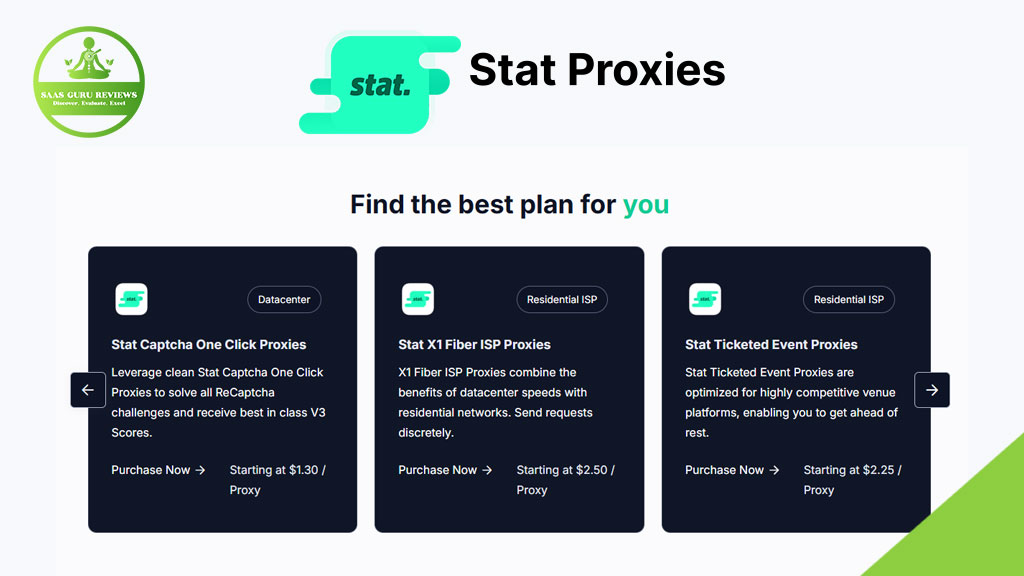 Screenshot of a website displaying three proxy service plans: Datacenter, Residential ISP, and Residential ISP event proxies, each with pricing and key features.