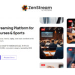 ZenStream webpage promoting HD live streaming for events, courses, and sports; includes images of live events and options to start for free or request a demo.