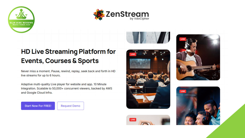 ZenStream webpage promoting HD live streaming for events, courses, and sports; includes images of live events and options to start for free or request a demo.