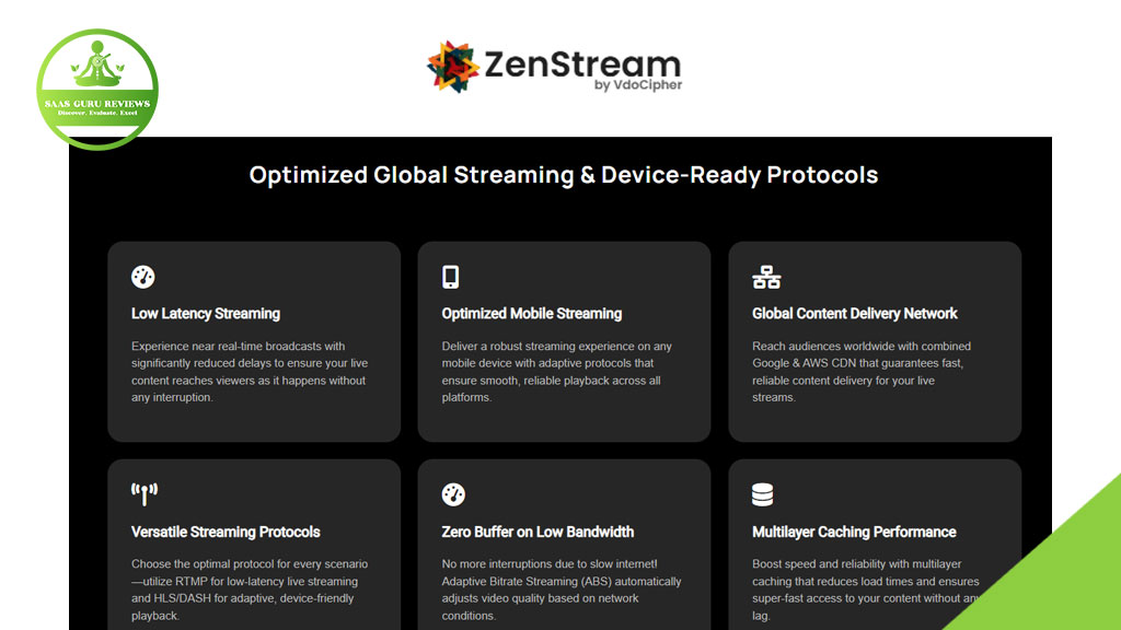 A webpage for ZenStream by VdoCipher displays features like low latency streaming, optimized mobile streaming, global content delivery, versatile protocols, low bandwidth use, and caching performance.