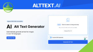 Screenshot of the AltText.AI website showing an AI-powered alt text generator tool with options to upload images and generate alt text automatically.