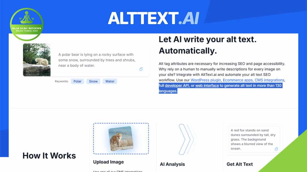 Screenshot of the AltText.ai website showing its features, including automated alt text generation for images and integration options for SEO improvement.