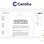 A computer screen displays a document titled “How is Our New Product Performing?” with the Centilio Software logo above and a storage usage widget showing 24MB used out of 32GB—showcasing a smart business solution for digital transformation.