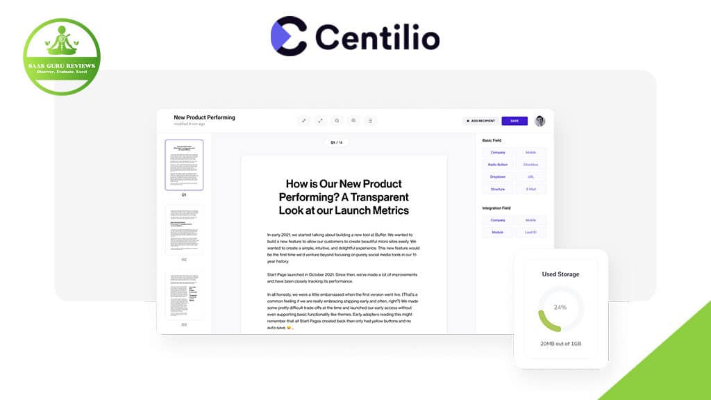 A computer screen displays a document titled “How is Our New Product Performing?” with the Centilio Software logo above and a storage usage widget showing 24MB used out of 32GB—showcasing a smart business solution for digital transformation.