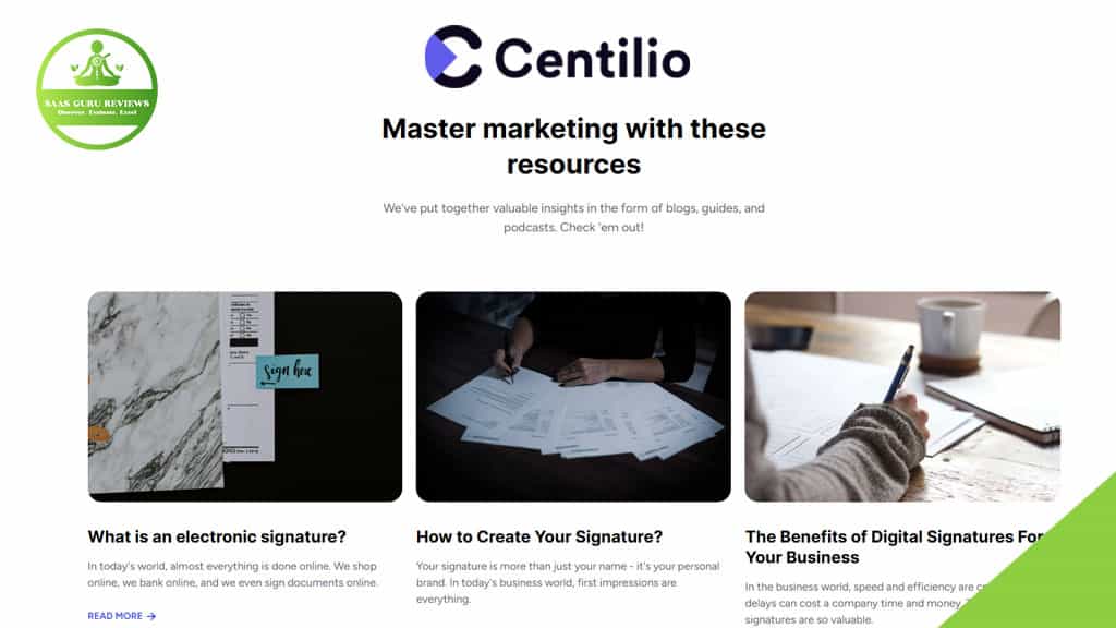 Screenshot of a marketing resources webpage by Centilio Software, featuring articles on electronic signatures, creating signatures, and digital signature benefits for business as part of your digital transformation.
