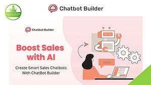 A person uses a laptop with chatbot and gear icons; text reads “Boost Sales with AI. Create Smart Sales Chatbots With Chatbot Builder for Your Business.”.