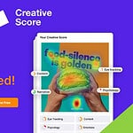 A promotional webpage features a "Creative Score" tool powered by AI-powered marketing for asset optimization, showcasing sample image analysis, a call-to-action button, and a customer rating section on a purple background.
