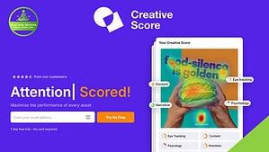A promotional webpage features a "Creative Score" tool powered by AI-powered marketing for asset optimization, showcasing sample image analysis, a call-to-action button, and a customer rating section on a purple background.