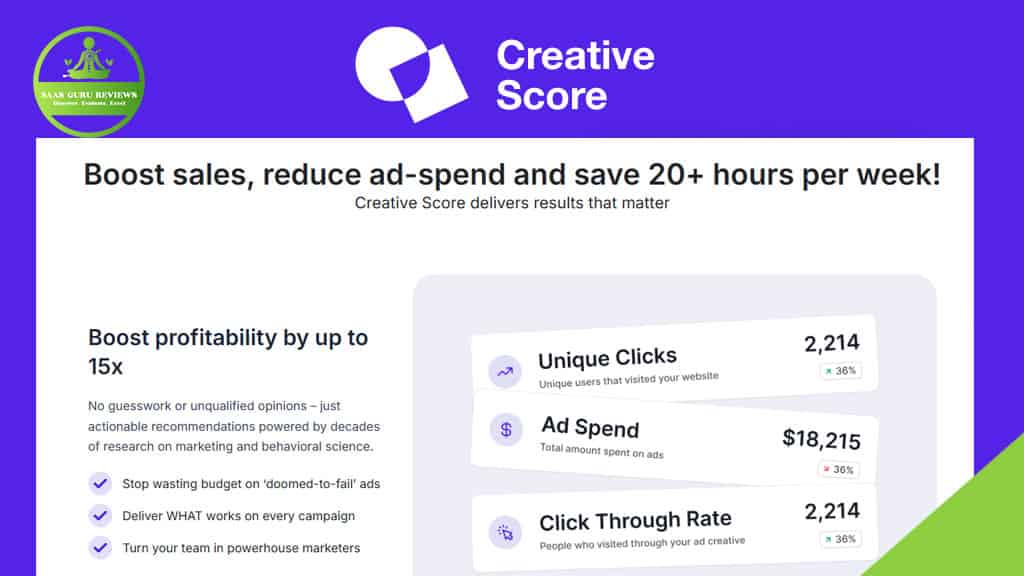 Screenshot of a website for Creative Score showcasing AI-powered asset optimization and key ad performance metrics like unique clicks, ad spend, and click-through rate, with text highlighting enhanced marketing results and reduced ad spend.