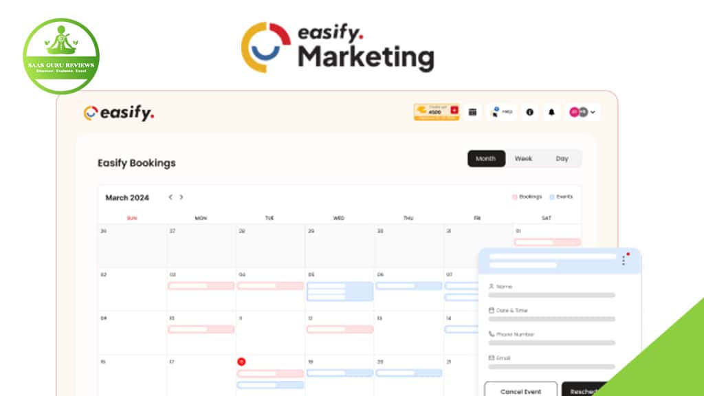 A digital calendar interface for booking events is displayed on a computer screen with the Easify Marketing logo at the top, offering a smart marketing option to help reduce business headaches. A SaaS Guru Reviews badge appears in the corner.