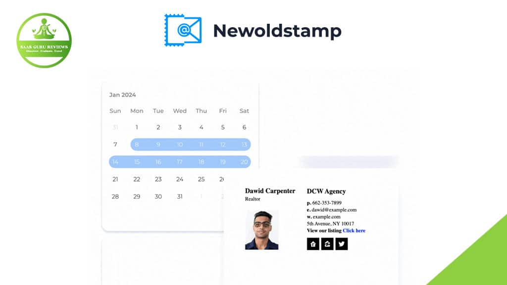 A digital calendar, a professional email signature featuring contact details, photo, and NEWOLDSTAMP logo are displayed on a white background, showcasing effective professional branding.