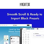 A website interface for Nexter Extension showcases features like smooth scrolling and importing block presets in WordPress, with screen previews and a green "Preset Imported" notification.