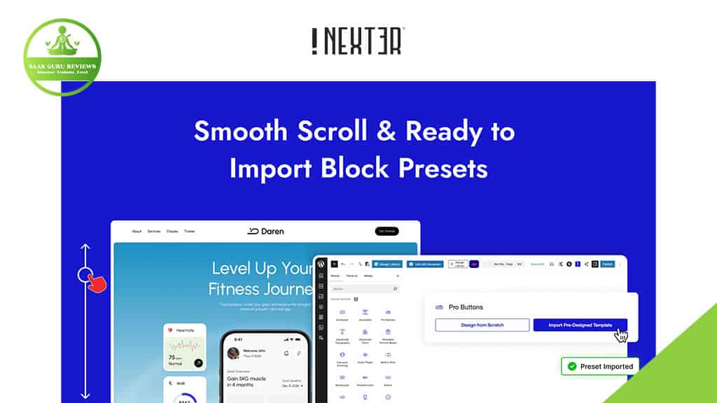 A website interface for Nexter Extension showcases features like smooth scrolling and importing block presets in WordPress, with screen previews and a green "Preset Imported" notification.