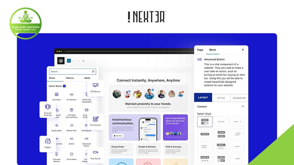 Screenshot of a web design interface for the NEXT3R platform, featuring WordPress integration, block options, site preview, and a sidebar menu for customization—highlighting tools like the Nexter Extension and Theme Builder.