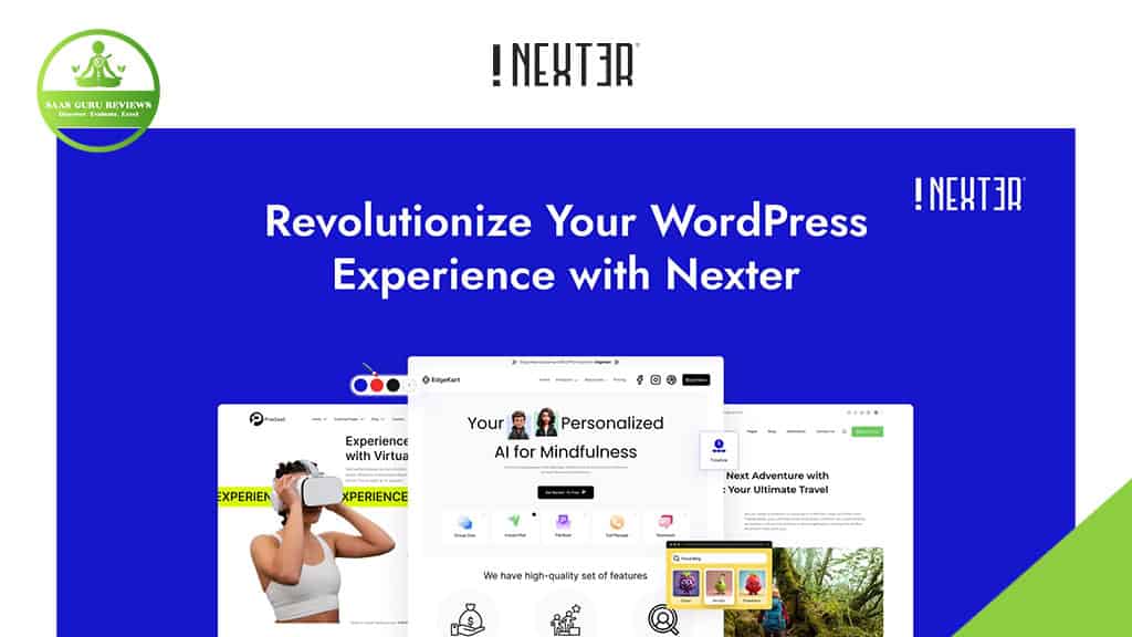 A promotional graphic for Nexter highlighting powerful WordPress features, website screenshots, and the slogan "Revolutionize Your WordPress Experience with Nexter Theme Builder.