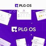 Promotional graphic for PLG OS 2025, showcasing its logo and various Product-Led Growth software interface screenshots on a vibrant purple background.