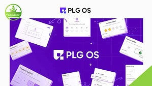 Promotional graphic for PLG OS 2025, showcasing its logo and various Product-Led Growth software interface screenshots on a vibrant purple background.
