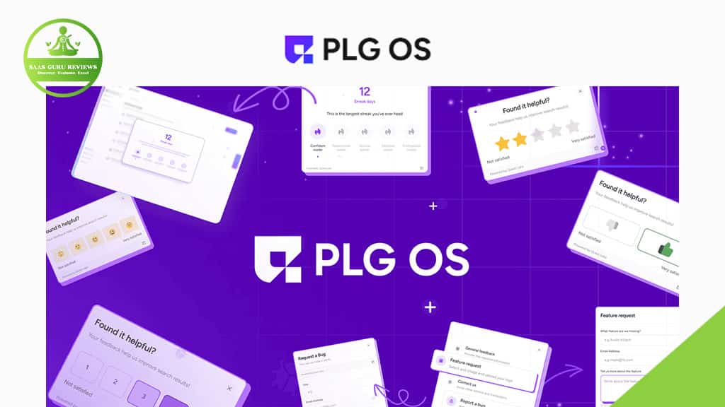 Promotional graphic for PLG OS 2025, showcasing its logo and various Product-Led Growth software interface screenshots on a vibrant purple background.