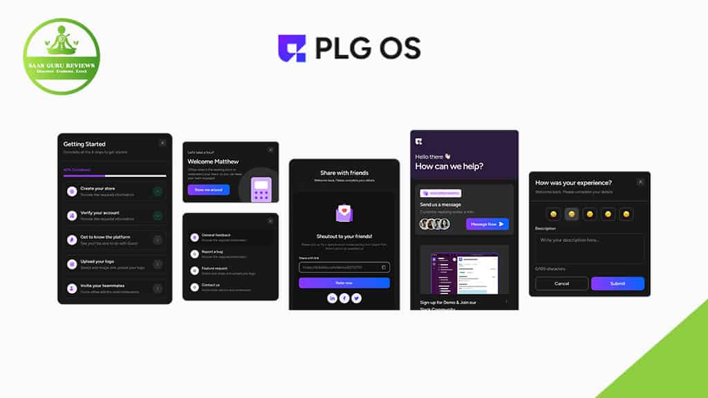A digital interface displays user dashboard screens labeled "PLG OS," emphasizing Product-Led Growth, with a green "SaaS Guru Reviews" badge in the upper left corner and a subtle nod to 2025 innovation.