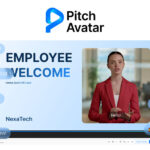 A computer screen displays an AI-powered pitch avatar in a red blazer giving an employee welcome presentation, with greetings in multiple languages on the sides—showcasing the potential of interactive presentations for sales teams.