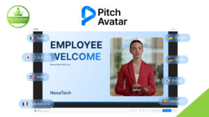 A computer screen displays an AI-powered pitch avatar in a red blazer giving an employee welcome presentation, with greetings in multiple languages on the sides—showcasing the potential of interactive presentations for sales teams.