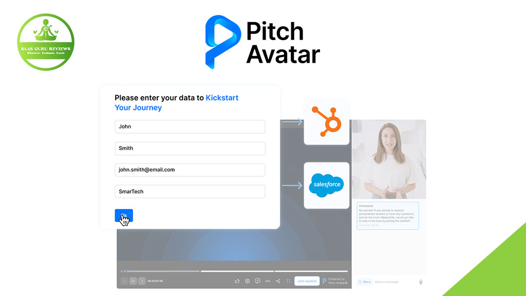 A user enters their name, email, and company into a form on the Pitch Avatar platform—featuring AI-powered pitch avatar technology for sales—with Salesforce and HubSpot logos visible on the interface.