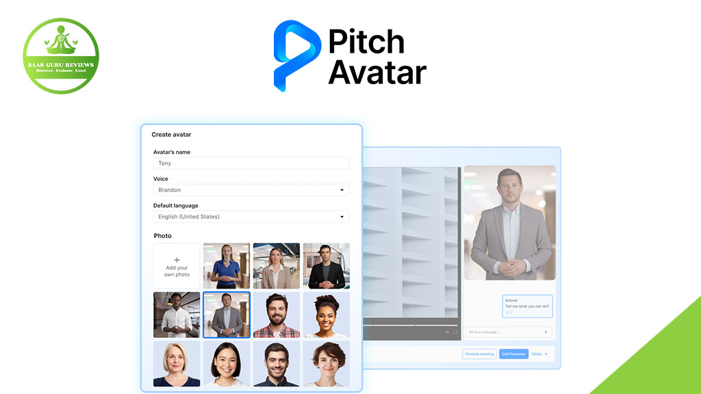 A digital interface displays the AI-Powered Pitch Avatar logo, an avatar creation menu with photo and voice options, and a video preview of a male virtual avatar designed for interactive presentations and sales.