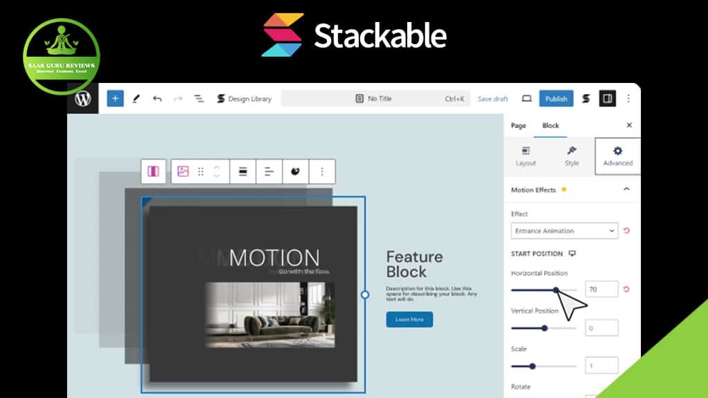 Screenshot of the Stackable plugin in WordPress, showcasing motion effect settings for a feature block with entrance animation and adjustable position controls—an essential tool for building dynamic WordPress websites with Gutenberg blocks.