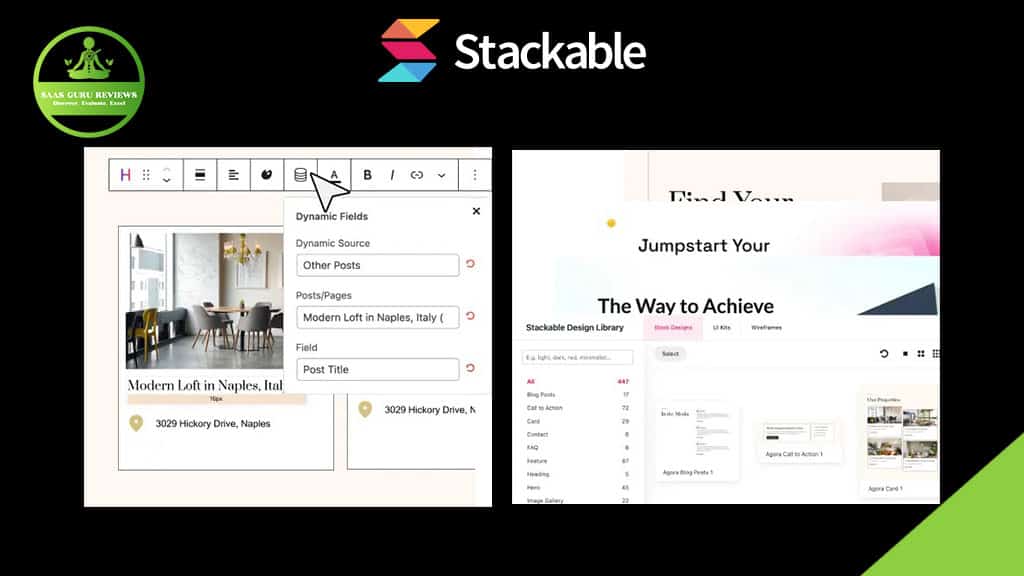 Screenshot showing Stackable, a WordPress plugin, featuring an interface for dynamic fields and a design library with customizable Gutenberg blocks for building website pages.