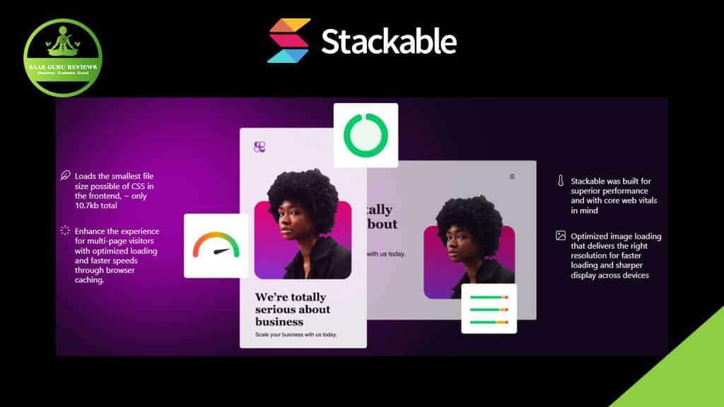 A digital graphic displays the Stackable logo, a profile photo of a woman, and icons with text showcasing Stackable’s powerful WordPress Gutenberg blocks and standout page builder features.