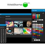 WebStarts AI website builder interface displaying an image search panel, color palette, and symbol selection window, with the Saas Guru Reviews logo in the top left—making it easy to create a free website for your business.