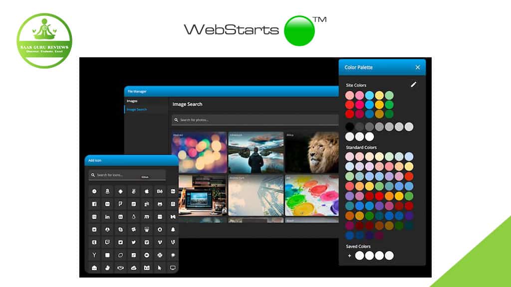 WebStarts AI website builder interface displaying an image search panel, color palette, and symbol selection window, with the Saas Guru Reviews logo in the top left—making it easy to create a free website for your business.