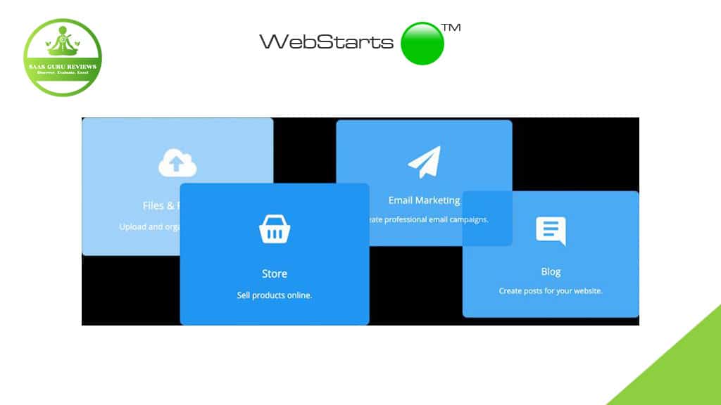 WebStarts dashboard interface with options for Files & Images, Store, Email Marketing, and Blog under a WebStarts logo and a SaaS Guru Reviews logo—perfect for business users looking to create a free website with an AI website builder.