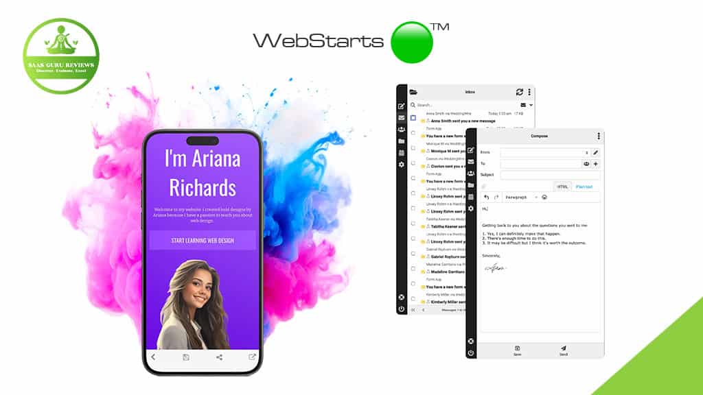 A smartphone displays Ariana Richards' personal website, web design editing tools, the WebStarts logo, and a SaaS Guru Reviews badge—showcasing how an AI Website Builder can help your business create a free website with ease.