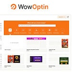Screenshot of the WowOptin dashboard displaying various widget formats, template steps, and template categories for creating marketing pop-ups.