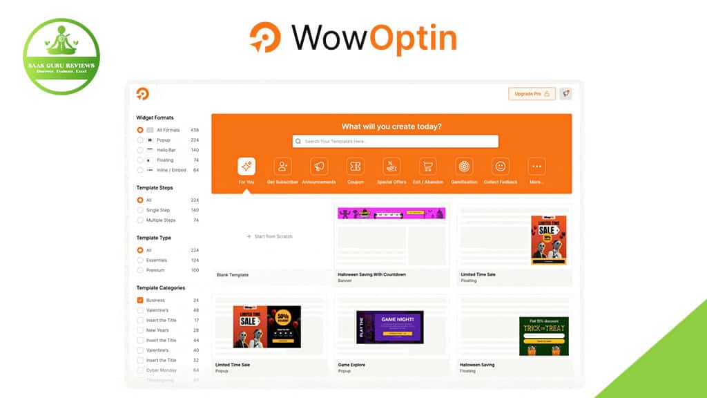 Screenshot of the WowOptin dashboard displaying various widget formats, template steps, and template categories for creating marketing pop-ups.