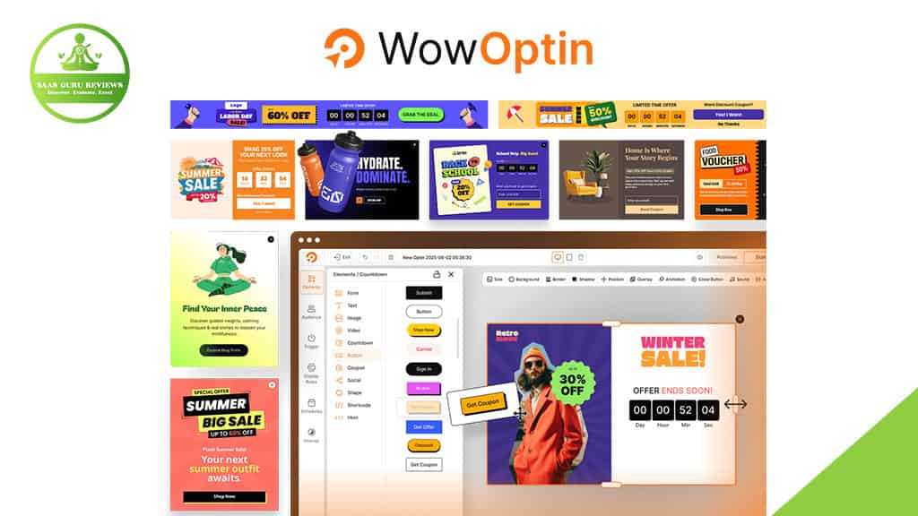 Screenshot of the WowOptin interface displaying a variety of promotional banners and templates for sales, discounts, and offers on a computer screen.
