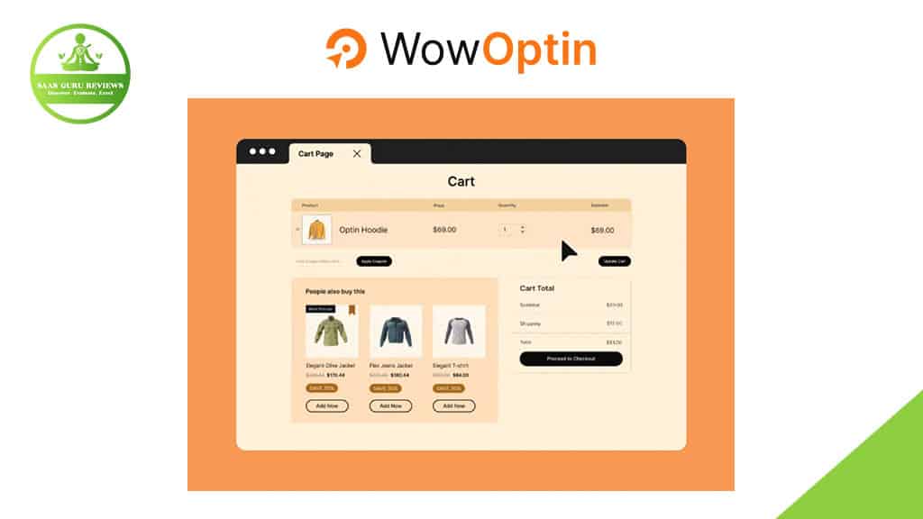 Screenshot of an online shopping cart page displaying clothing items, product details, suggested products, and checkout options, with the WowOptin logo above.