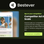 A digital ad for Bestever features a woman in sunglasses holding a tennis racket, promoting creative analysis and competitor ad analysis at scale with a green "Analyze your competitors" button.