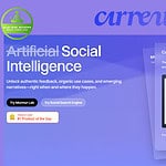 Screenshot of a website for Currents, a social intelligence search engine, highlighting features like authentic feedback and displaying a dashboard interface. A badge shows "#1 Product of the Day.